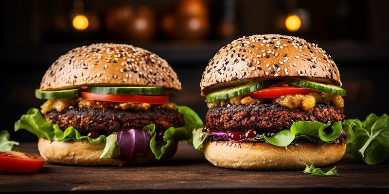 Two plant-based burgers in buns, with salad, side by side